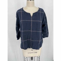 Studio Clip Women&#39;s Blouse Sz F (One Size) Blue Check Hemp Cotton 3/4 Sl... - £21.61 GBP