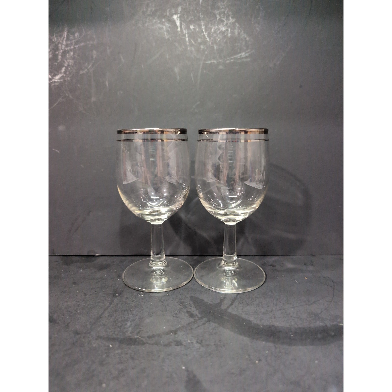 Silver Rimmed Cocktail Glasses Stemware, Set of 2, Midcentury Barware, 4 Oz - $9.90