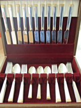 58 Pc SET INTERNATIONAL STAINLESS FLATWARE w/ GOLD ACCENTS INS435 Servic... - $81.00