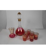 Cranberry Flash Gold Band Decanter Set 6 Cordials with Bud Vase - £34.65 GBP