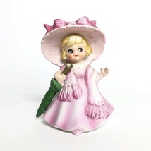 Vintage Little Girl Southern Belle Figurine Pink w Blonde Hair &amp; Green Umbrella - £9.37 GBP