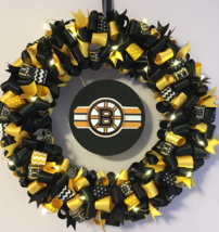 Led Boston Bruins Inspired Custom Loopy Ribbon Wreath With Lights - £56.26 GBP