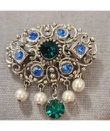 Woman&#39;s Hungarian Style Brooch Blue &amp; Green Gems Faux Pearls 2&quot; - £6.00 GBP