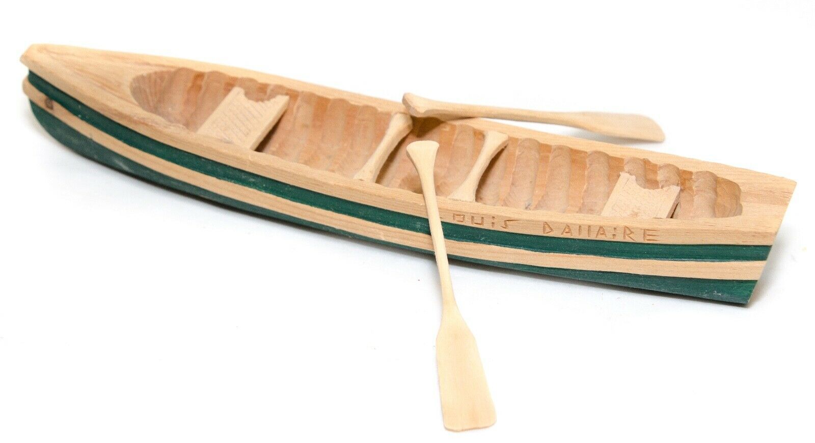 Primary image for Vintage Wooden Row Boat Miniature Hand Crafted With 2 Paddles Signed