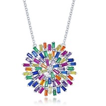 Sterling Silver Rainbow Baguette CZ Round Necklace - £95.68 GBP