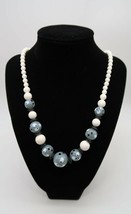 Fun vintage gray white &amp; black polka dot beaded necklace princess length - £11.91 GBP