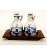 Vintage Delft Blue Porcelain Cruet Set w/Wood Tray, Oil &amp; Vinegar, Cork ... - $40.14 CAD