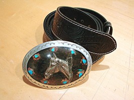 Full Grain Tooled Leather Belt Horse Head Buckle Turquoise Copper BS118 Size 46 - £60.83 GBP