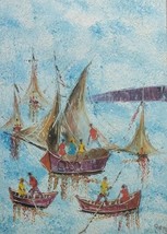Vintage Signed Haitian Naif Art Fishermen On Boats Painting on Canvas Haiti - £1,316.10 GBP