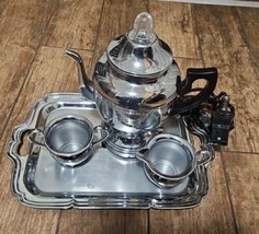 Vintage Farberware Coffee Percolator W/ Creamer Sugar &amp; tray Bakelite Ch... - £39.51 GBP