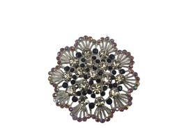 Vintage Round Open Work Flower w Rhinestones Pin Brooch Silver Tone - $256.97 MXN