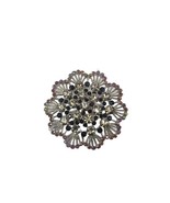 Vintage Round Open Work Flower w Rhinestones Pin Brooch Silver Tone - $13.69