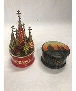 2 pieces Russian Black Lacquer Painted Fairy Tale Trinket Box Castle MOCKBA - £31.15 GBP