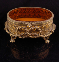 Antique LARGE Amber GLass Ormolu jewelry casket Gold Footed Vanity Box accessory - £98.86 GBP