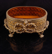 Antique LARGE Amber GLass Ormolu jewelry casket Gold Footed Vanity Box accessory - £99.90 GBP