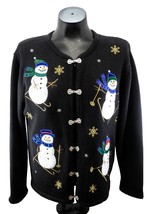 Snowman Christmas Cardigan Sweater Crystal-Kobe Black Silver Metal Hooks Ugly-SM - £15.14 GBP