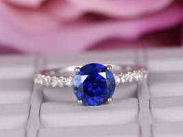1.38CT Round Cut Blue Sapphire Solitaire Engagement Ring 14k White Gold Finish - £60.11 GBP