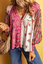 Multicolor Floral Patchwork Shirred Cuff Buttoned V Neck Blouse - $37.99