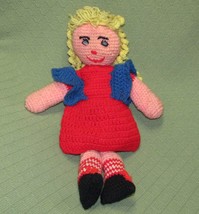 19&quot; Vintage Doll Crochet Plush Blond Hair Blue Eyes Handmade Knit Stuffed Toy - £19.47 GBP