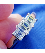 Earth mined Diamond Emerald cut Deco Engagement Ring Vintage 3 stone Sol... - €4.594,78 EUR
