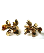 Vintage Iris Orchid Big Earrings Topaz Rhinestone Gold tone Flower 40&#39;s - £13.54 GBP