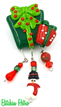 Grinch Christmas Brooch Handmade With Snowman and Holiday Ornament Dangles  - £9.48 GBP
