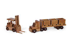 Flatbed Tractor Trailer Wood SKID TOY TRUCK &amp; FORKLIFT Set Crates USA Ha... - £199.79 GBP