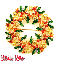 Christopher Radko Christmas Wreath Brooch with Green Enameled Holly - £17.58 GBP