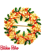 Christopher Radko Christmas Wreath Brooch with Green Enameled Holly - £17.58 GBP