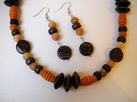 Wood Soap Stone Beaded Necklace Earrings Set Handmade Brown Butterscotch... - $70.00