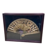 Victorian Hand Fan Framed Silk Purple Flower Beaded Decoration Wood Frame - $98.99