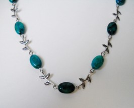 Teal Blue Aqua Stone Leaf Branch Necklace Beaded Handmade Silver Adjustable - £45.08 GBP