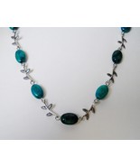 Teal Blue Aqua Stone Leaf Branch Necklace Beaded Handmade Silver Adjustable - £45.55 GBP