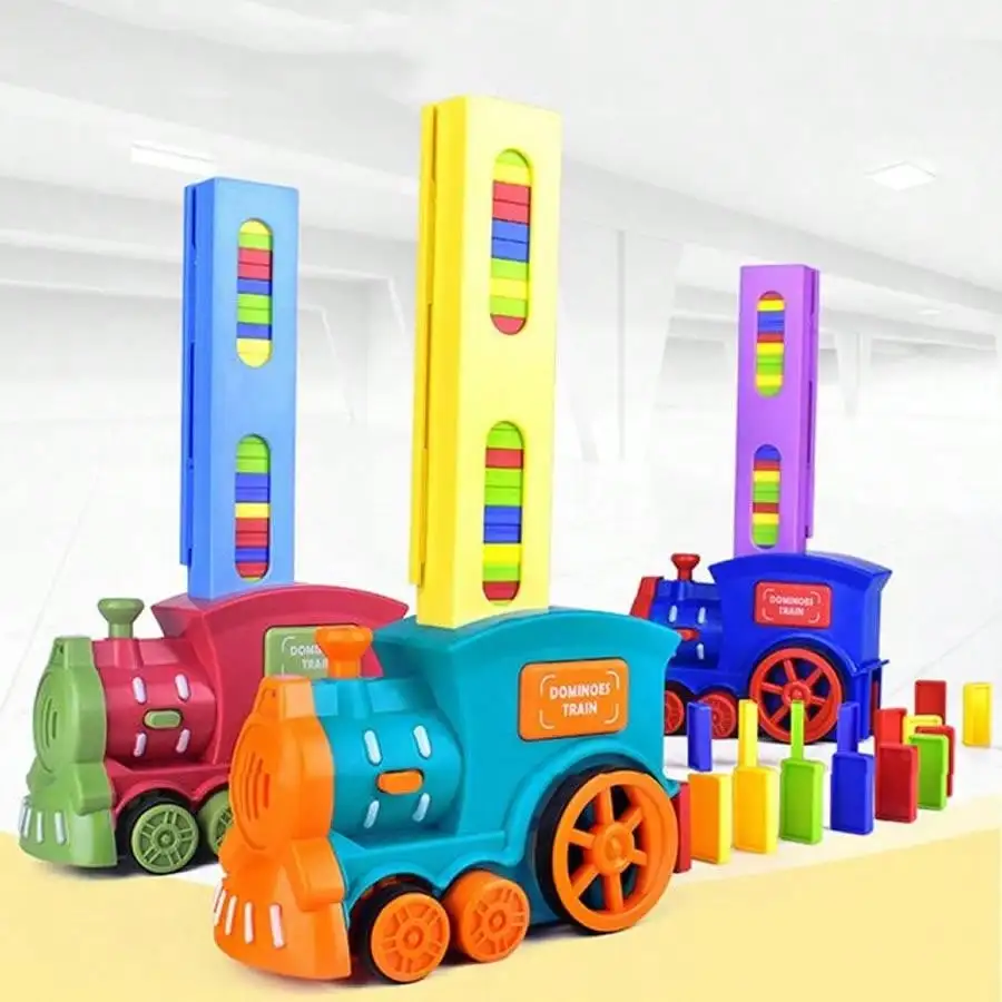 New Kids Electric Domino Train Car Set Sound &amp; Light Automatic Laying Do... - $21.57