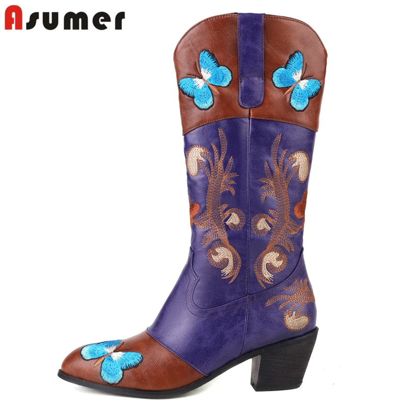 ASUMER Plus Size 35-43 New Women Boots Embroidery Thick Mid Calf Western Boots b - £140.08 GBP