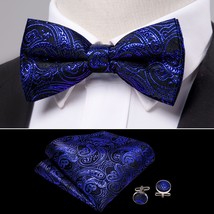Blue Pre-Bow Tie For Men&#39;s Bowtie Silk Jacquard Plaid Bows Pocket Cufflinks Set  - £43.27 GBP