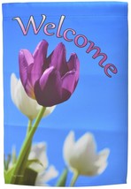 Welcome Garden Flag Purple &amp; White Tulips Yard Double Sided Banner Flag ... - £10.64 GBP