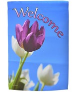 Welcome Garden Flag Purple &amp; White Tulips Yard Double Sided Banner Flag ... - £10.61 GBP