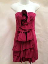 BCBG MaxAzria XS Strapless Dress Boysenberry Pink Taffeta Rosette Tiered Ruffle - £31.37 GBP