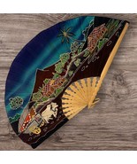 Vtg Hand Painted Bamboo Canvas Fan  Large 32”X 18” Folding Wall Fan - $113.06 CAD