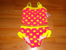 Size 24 Months OP Ocean Pacific Swimsuit Tankini Pink Neon Yellow Hearts... - £11.06 GBP