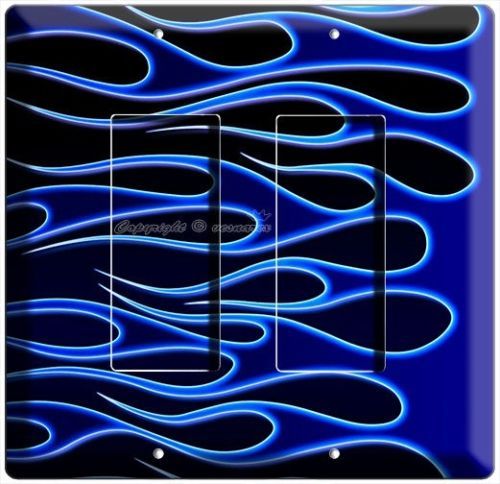 HOT ROD BLUE FLAMES DOUBLE GFCI LIGHT SWITCH WALL PLATE COVER BIKE GARAGE DECOR