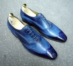 Men Oxford Two Tone Blue Burnished Medallion Toe Wing Tip Genuine Leather Shoes - £127.42 GBP+