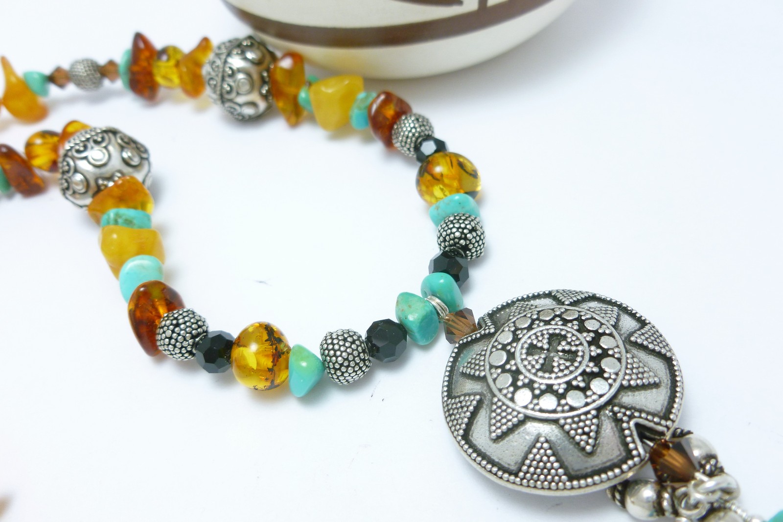 Turquoise and Amber Nugget Gemstones Bali Sterling Beaded Necklace - $85.00