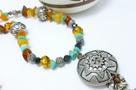 Turquoise and Amber Nugget Gemstones Bali Sterling Beaded Necklace - £67.16 GBP