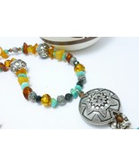 Turquoise and Amber Nugget Gemstones Bali Sterling Beaded Necklace - £66.84 GBP