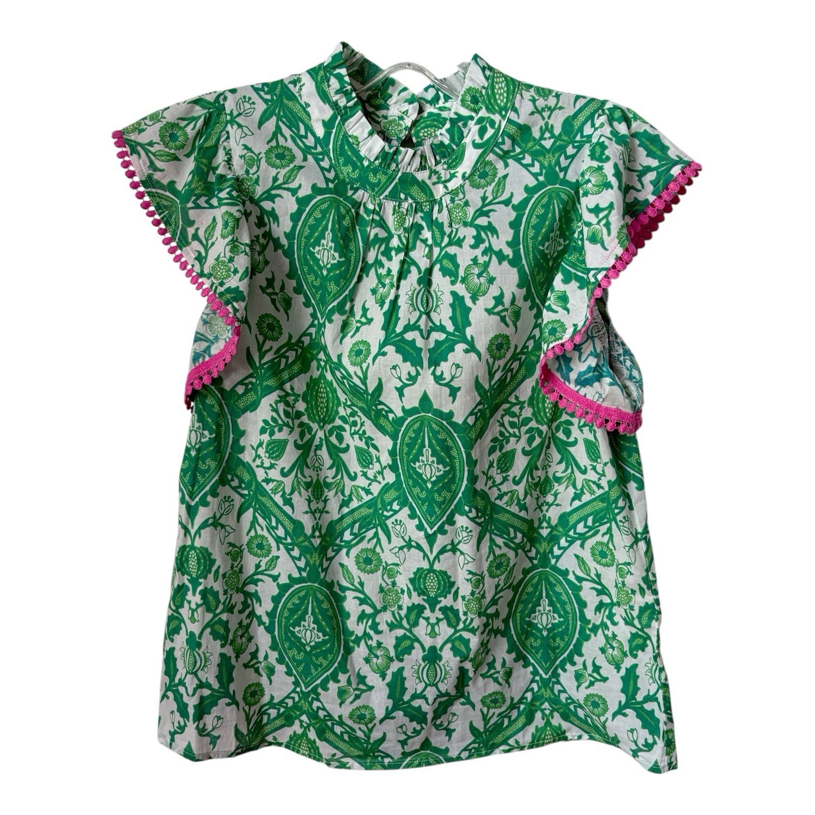 THML Blouse Women&#39;s Size XS Green Pin Trim Top Floral Flutter Sleeve Summer - £14.05 GBP