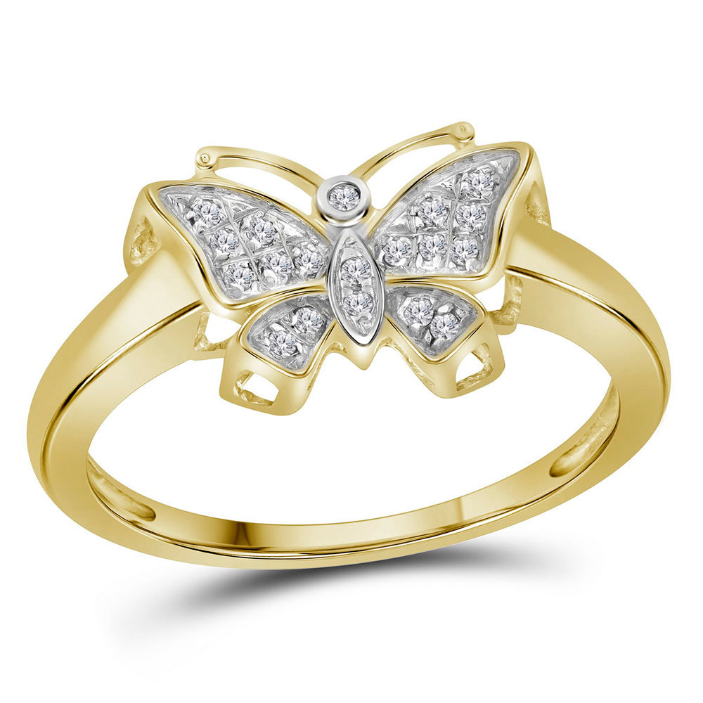 10k Yellow Gold Round Diamond Butterfly Bug Cluster Fashion Ring 1/12 Ctw