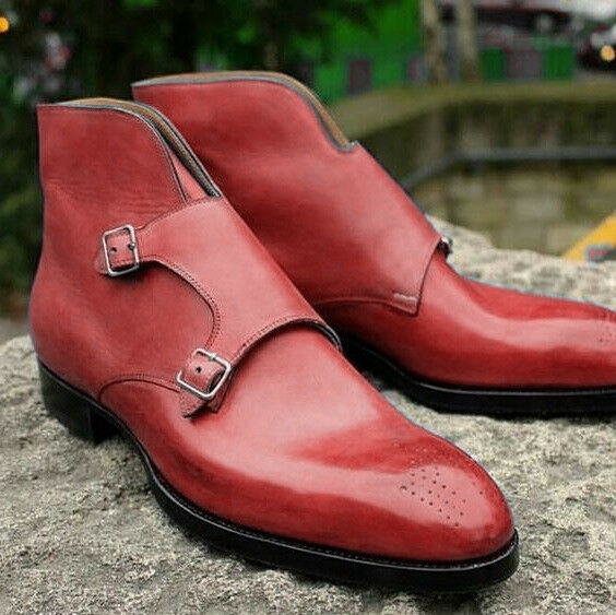 Men High Ankle Brown Double Buckle Strap Brogues Toe Monk Leather Boots US 7-16