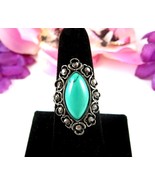 MARCASITE &amp; Mint GREEN Mock Stone VINTAGE RING Black Vein Silvertone Siz... - $24.25 CAD